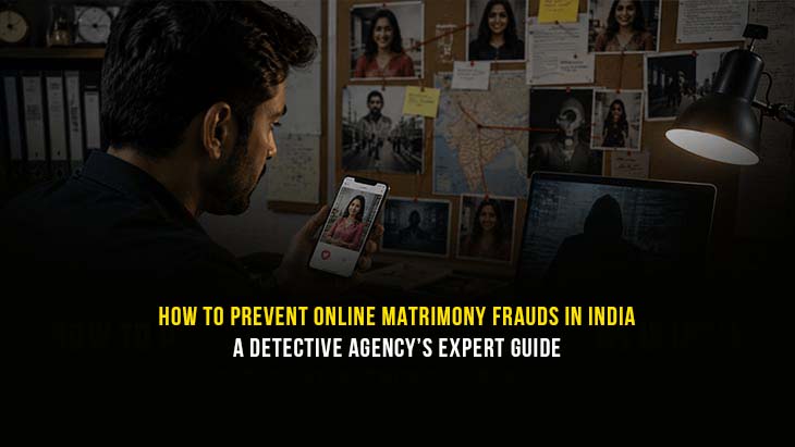 Detective verifying an online matrimony profile to prevent online matrimony frauds in India before marriage