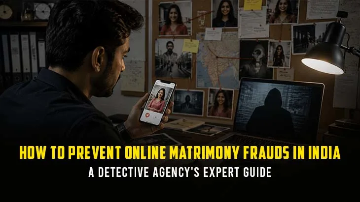 Detective verifying an online matrimony profile to prevent online matrimony frauds in India before marriage