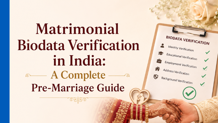 Biodata verification checklist on a clipboard showing identity, educational, employment, address and background verification, beside a bride and groom holding hands